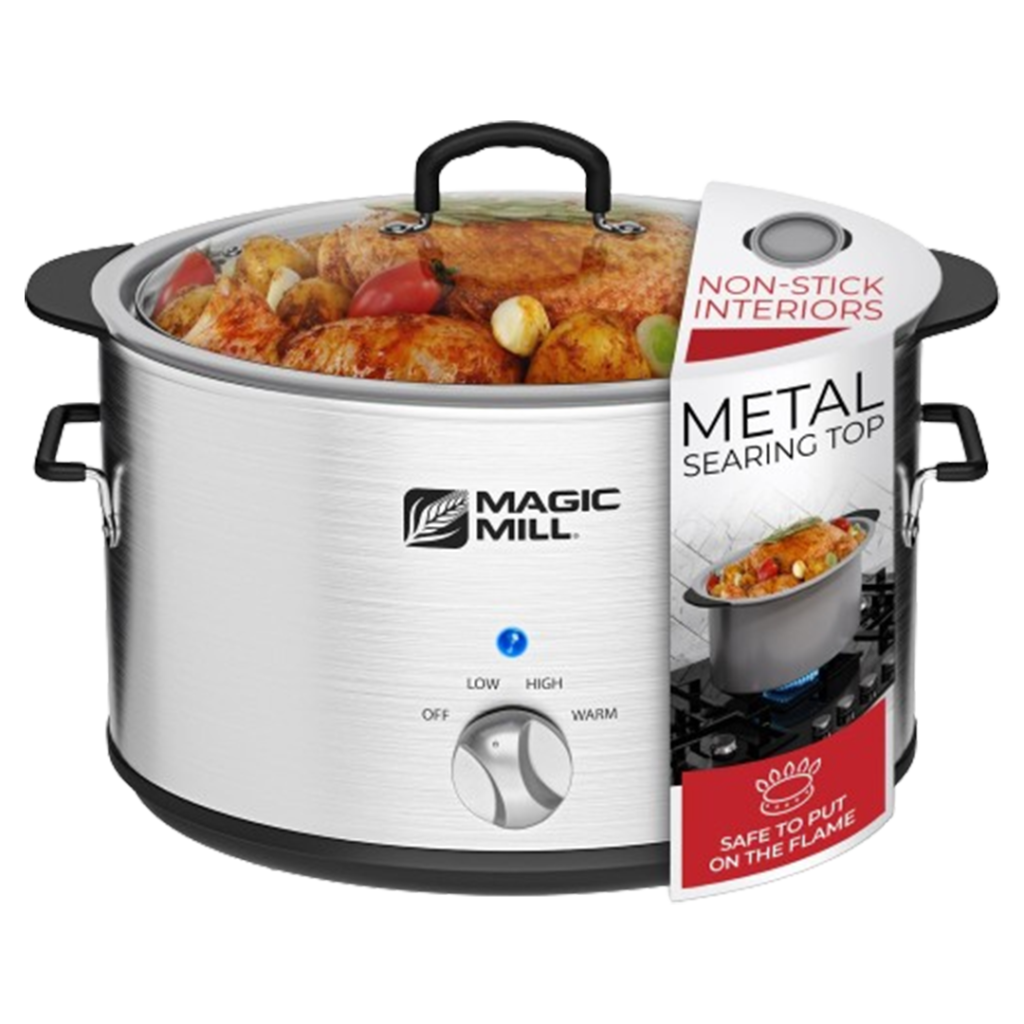 Magic Mill's best quart slow cooker boasts a non-stick interior and metal searing top, marrying convenience with professional cooking techniques.