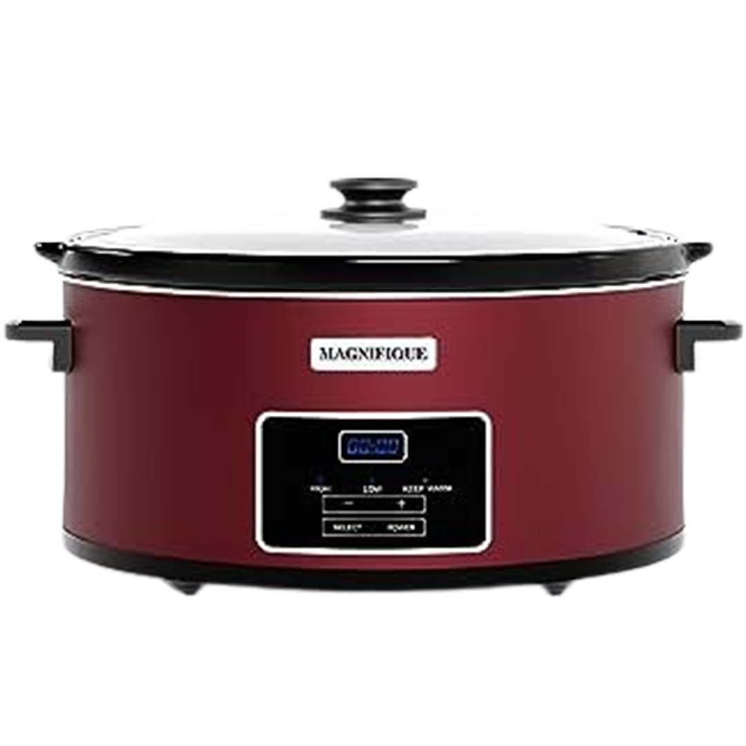 The deep red Magnifique slow cooker, with digital controls, stands out as a top choice for the best quart slow cooker, perfect for stylish kitchens.