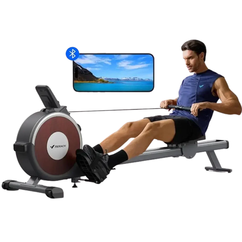 A man in athletic attire rows with determination on the best rated home Merach Bluetooth-Enabled Rowing Machine, featuring advanced connectivity.