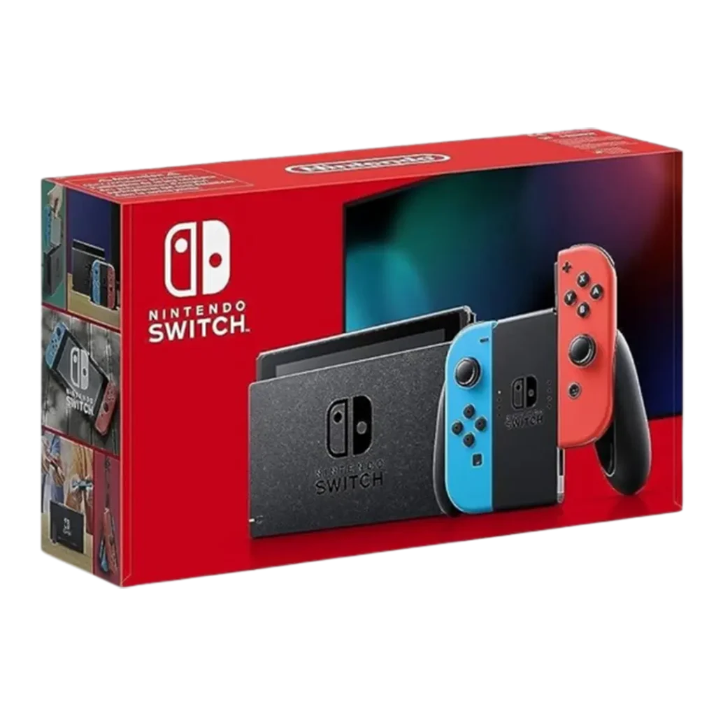 The Nintendo Switch console box and the console with red and blue controllers, ideal as the best gaming console for beginners with its intuitive interface.