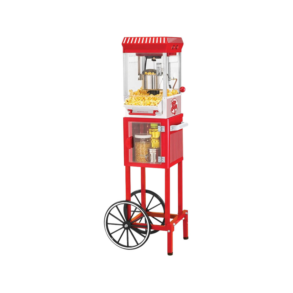 A classic red and gold Nostalgia popcorn maker machine on wheels, channeling old-school cinema vibes while making the best air-popped popcorn.