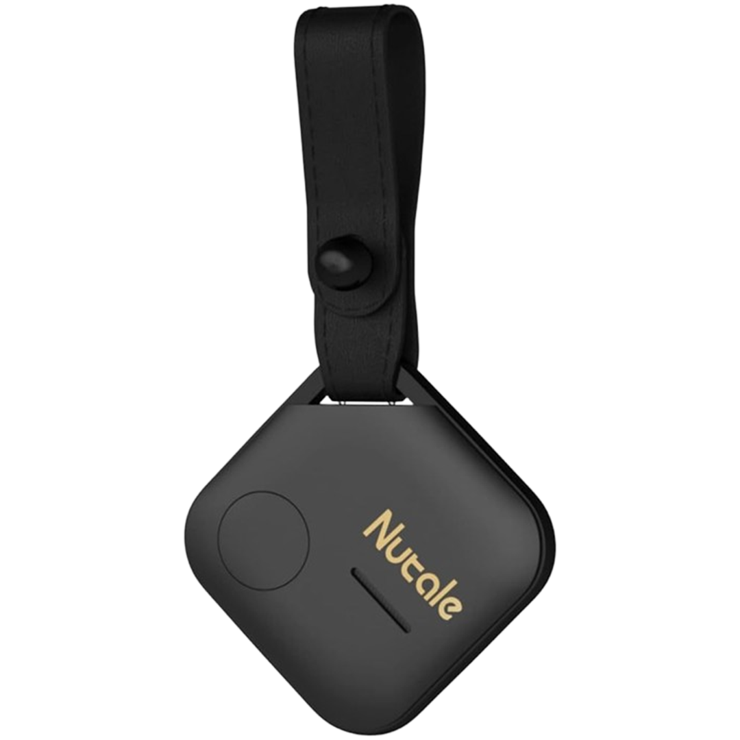 The Nutale Key Finder attached to a leather strap, a perfect Android-friendly solution for finding lost keys with a touch of style.