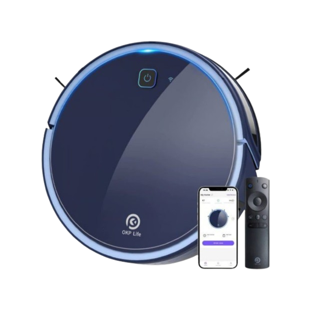The OKP Life Robotic Vacuum stands out with its vibrant blue accents and streamlined design, offering budget-friendly mapping for a systematic and thorough home cleaning experience.