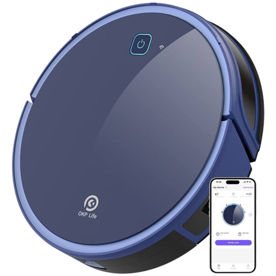 The OKP Life Robotic Vacuum, depicted with its striking blue top, simple controls, and side brush, is a leader in advanced mapping technology for budget-conscious buyers.
