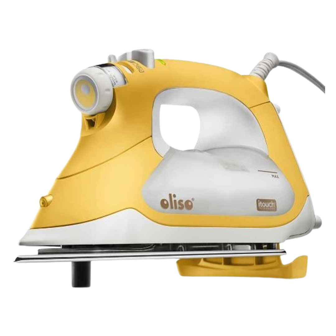 The vibrant yellow Oliso TG1600 Pro Plus SmartIron stands out as one of the best steam irons for quilting, offering a touch of brightness to the crafting table.