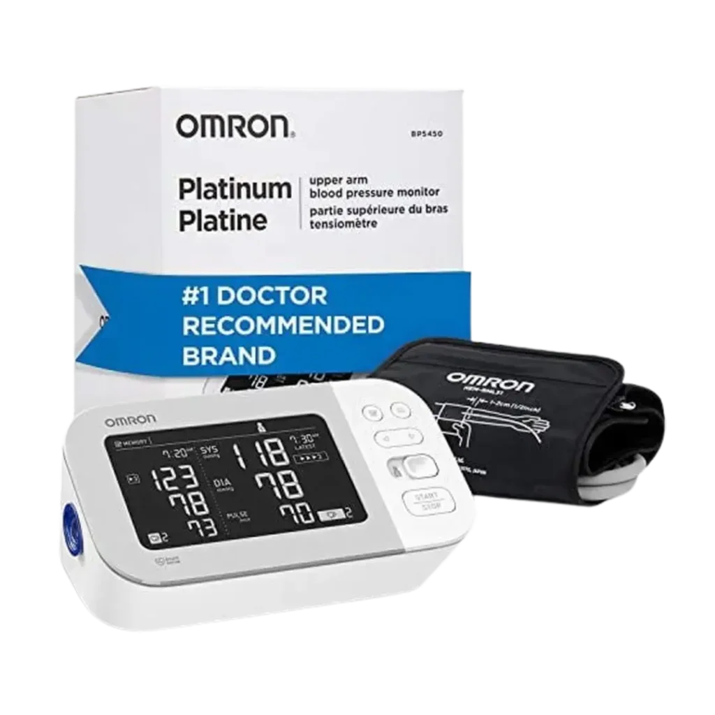 The Omron Platinum blood pressure monitor is depicted as a premier choice for home monitoring, offering advanced features for comprehensive health management.