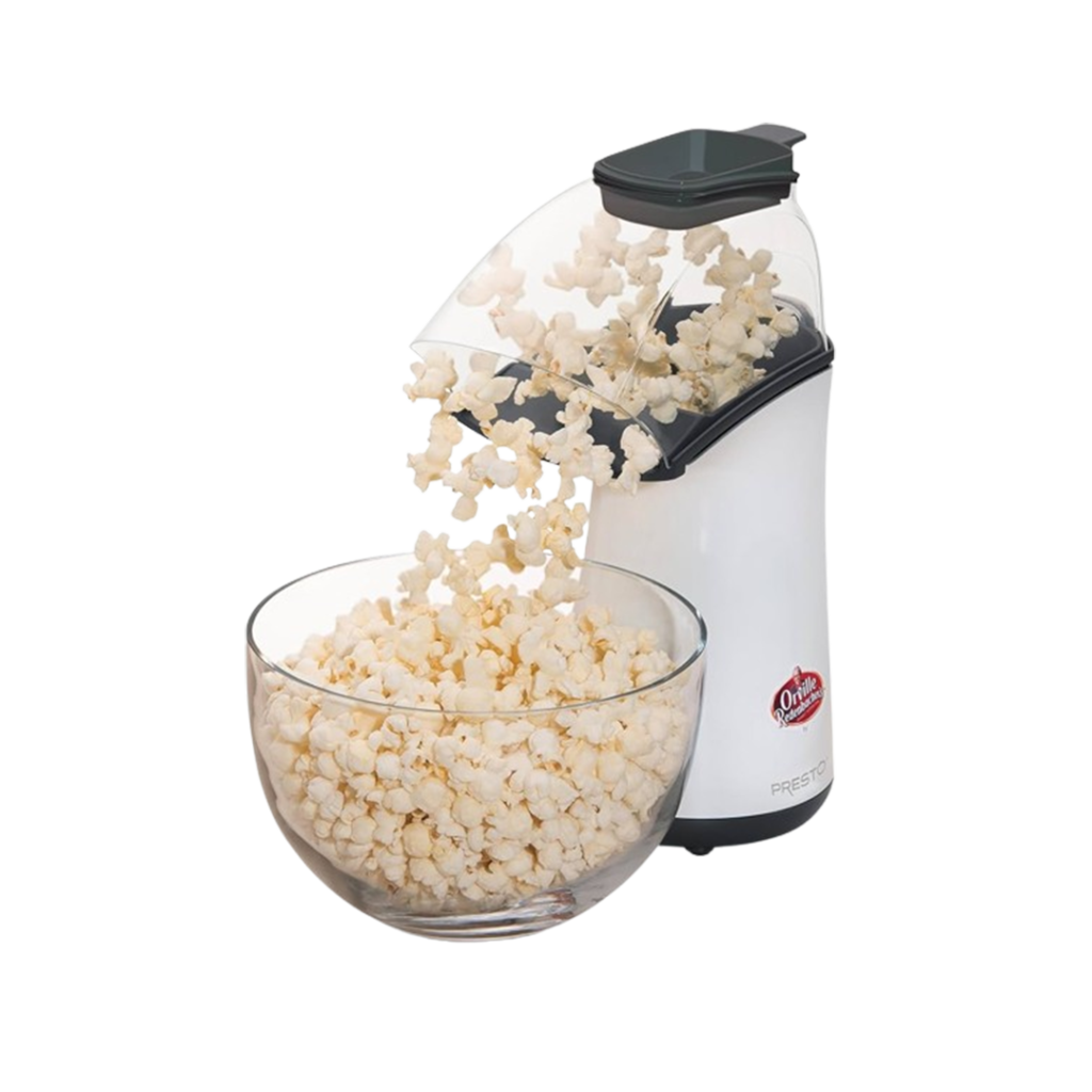 Orville Redenbacher's white and sleek hot air popper dispensing a healthy batch of the best air-popped popcorn for guilt-free indulgence.