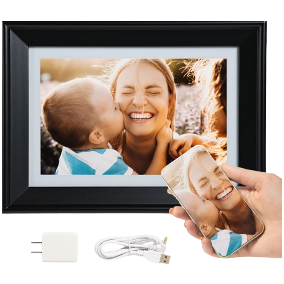 Photospring's 10-inch WiFi digital photo frame, the best battery powered digital photo frame for showcasing cherished elegant moments.