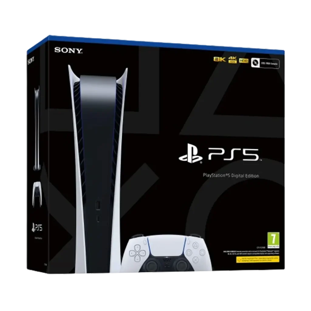 The PlayStation 5 console box and the actual console with its controller, recommended as the best gaming console for beginners seeking high-end gaming experiences.
