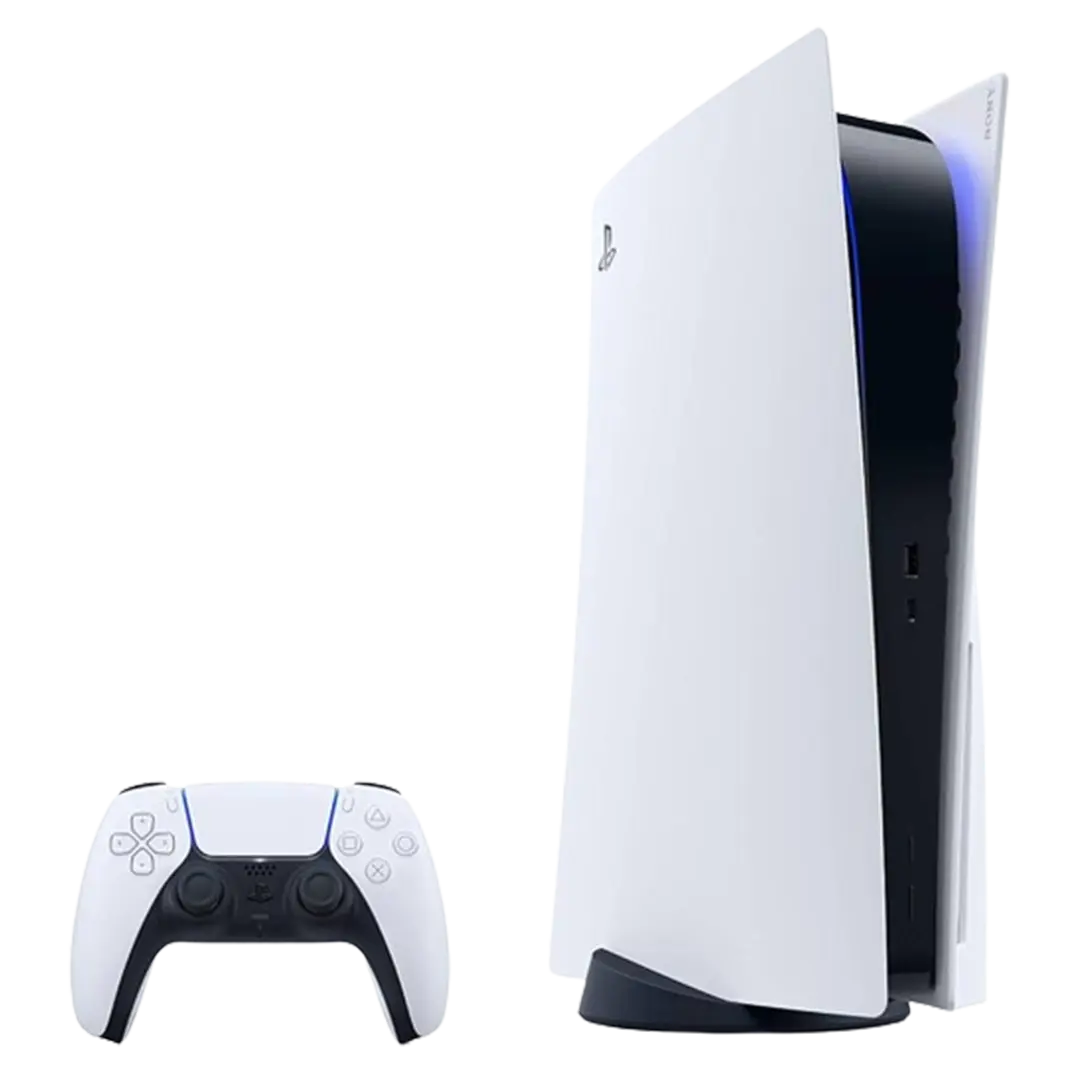 The PlayStation 5 Digital Edition and its wireless controller from a different angle, highlighting its user-friendly platform as one of the best gaming consoles for beginners.