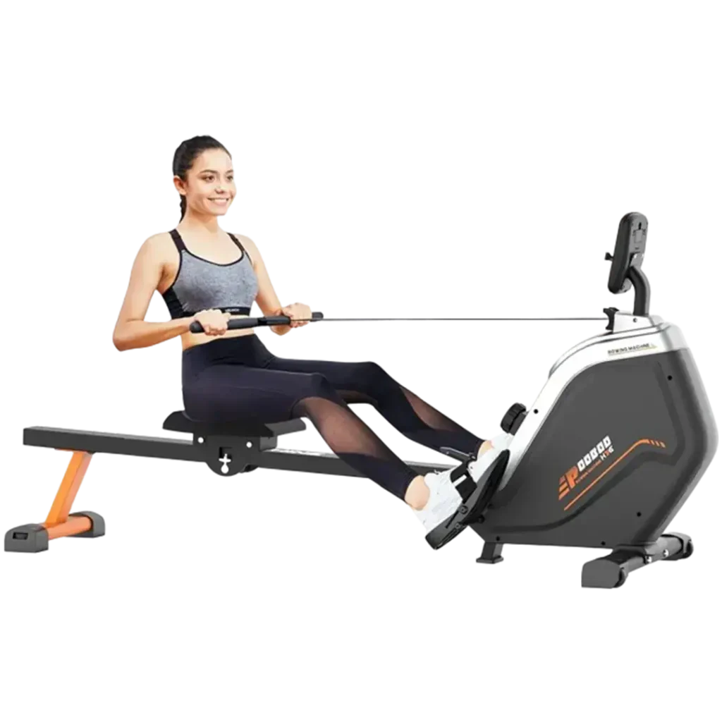 A woman enjoys a full-body workout on the best rated home Pooboo Magnetic Rowing Machine, emphasizing its robust build and resistance control.