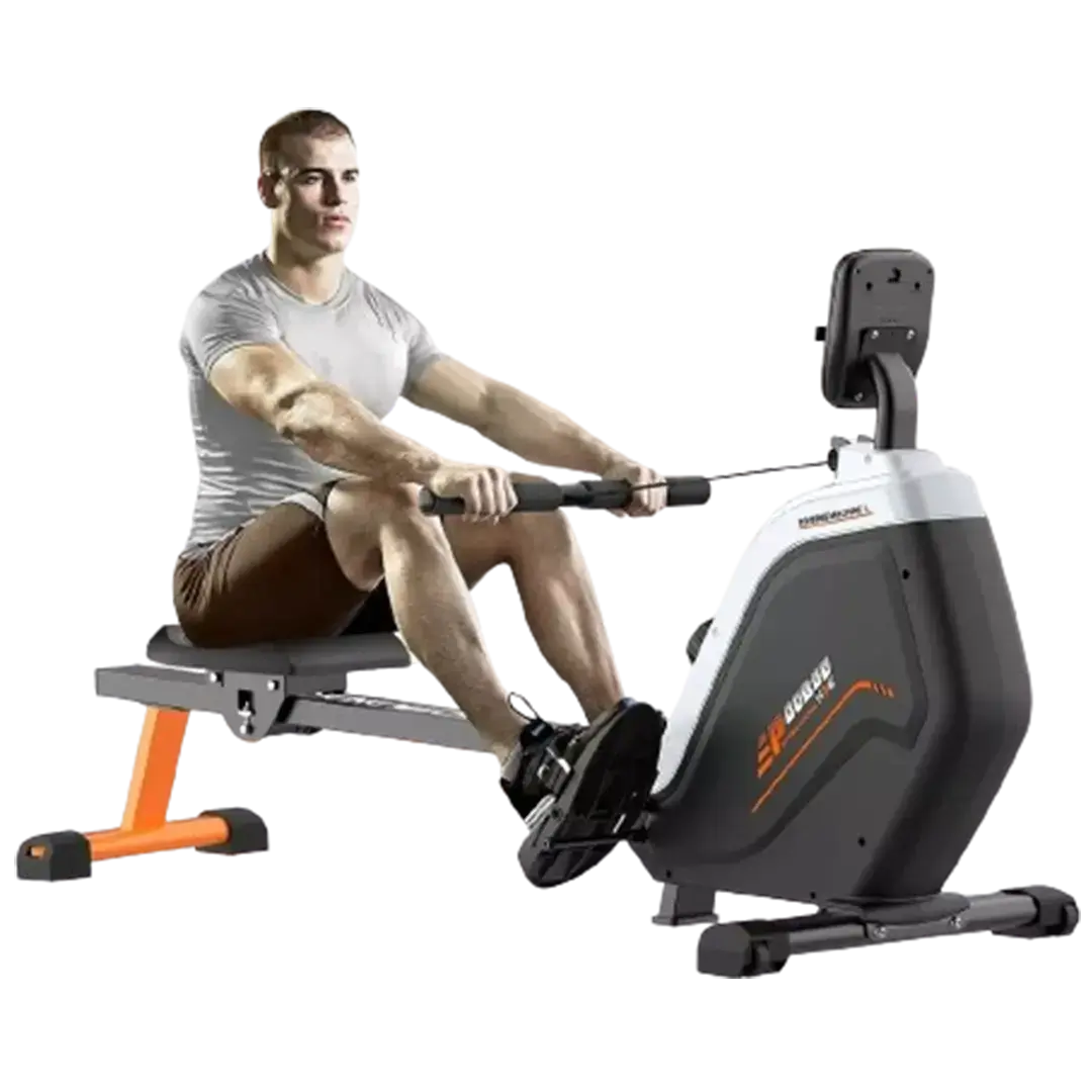 A focused man utilizes the best rated home Pooboo Magnetic Rowing Machine, highlighting its functionality and space-efficient design.