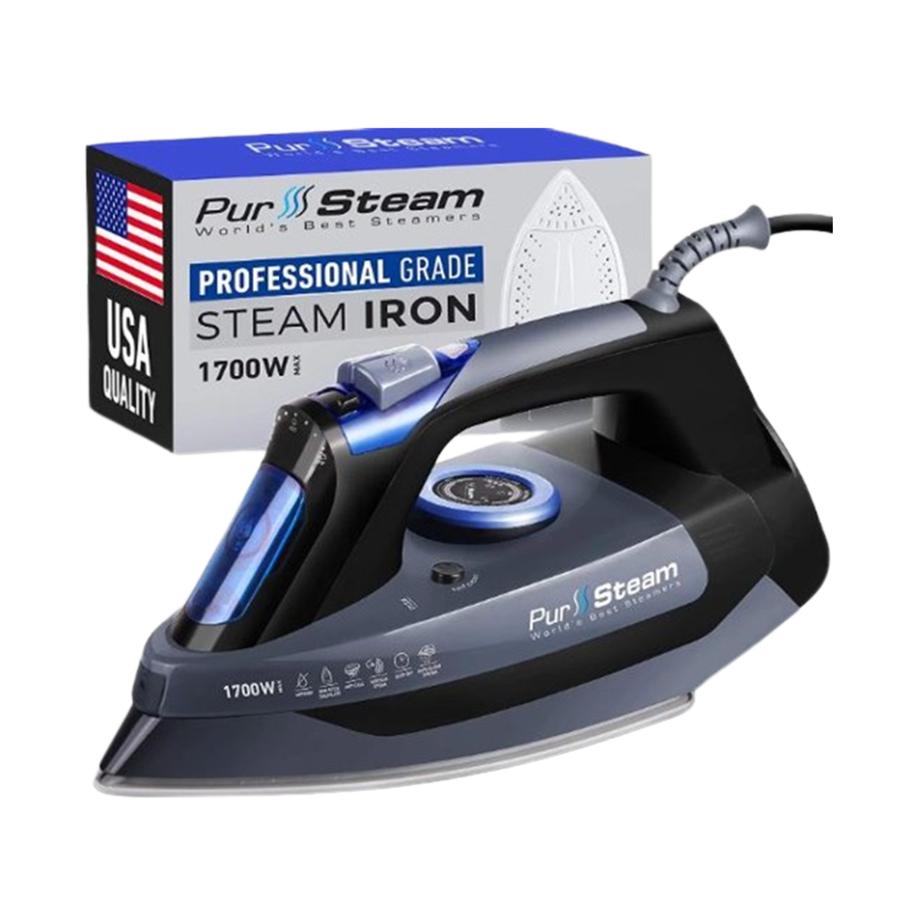PurSteam's Professional Grade 1700W Steam Iron delivers powerful steam, earning its spot among the best steam irons for quilting with its robust performance.