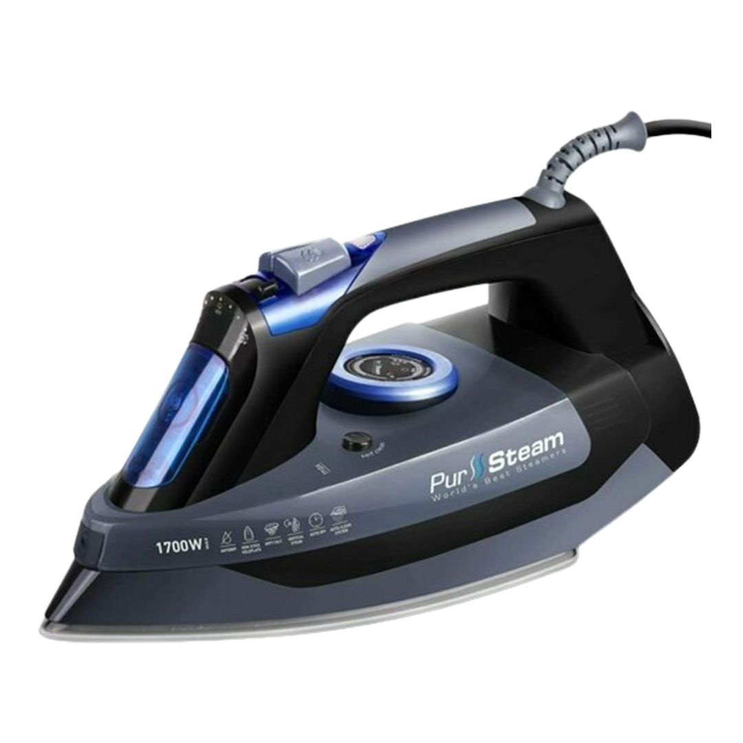 The PurSteam Professional Grade 1700W Steam Iron's packaging highlights the high wattage and professional-grade features that qualify it as one of the best steam irons for quilting.