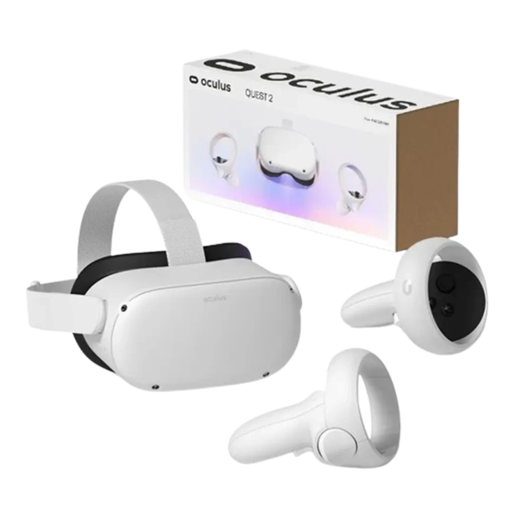 The Quest 2 VR headset and controllers alongside its packaging, an excellent choice for beginners looking for the best gaming console in virtual reality.