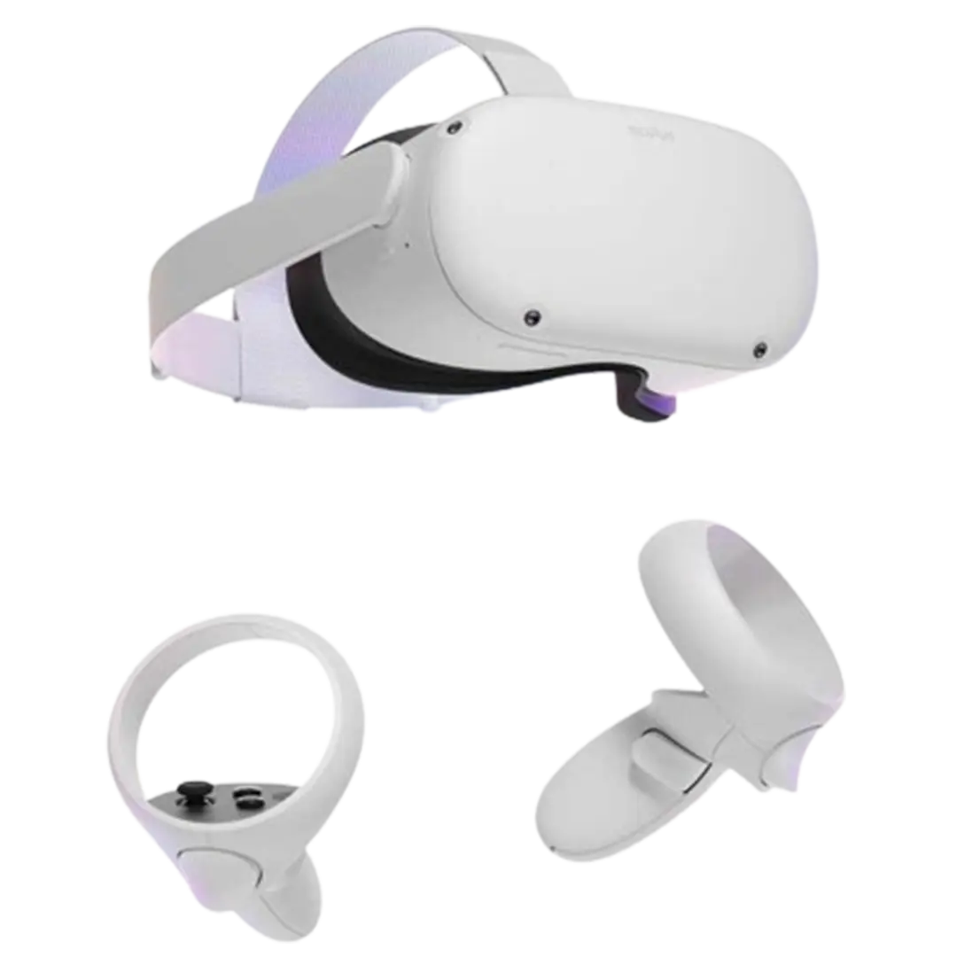 An alternative angle of the Quest 2 VR headset and controllers, focusing on its ease of use for beginners seeking the best gaming console in VR.