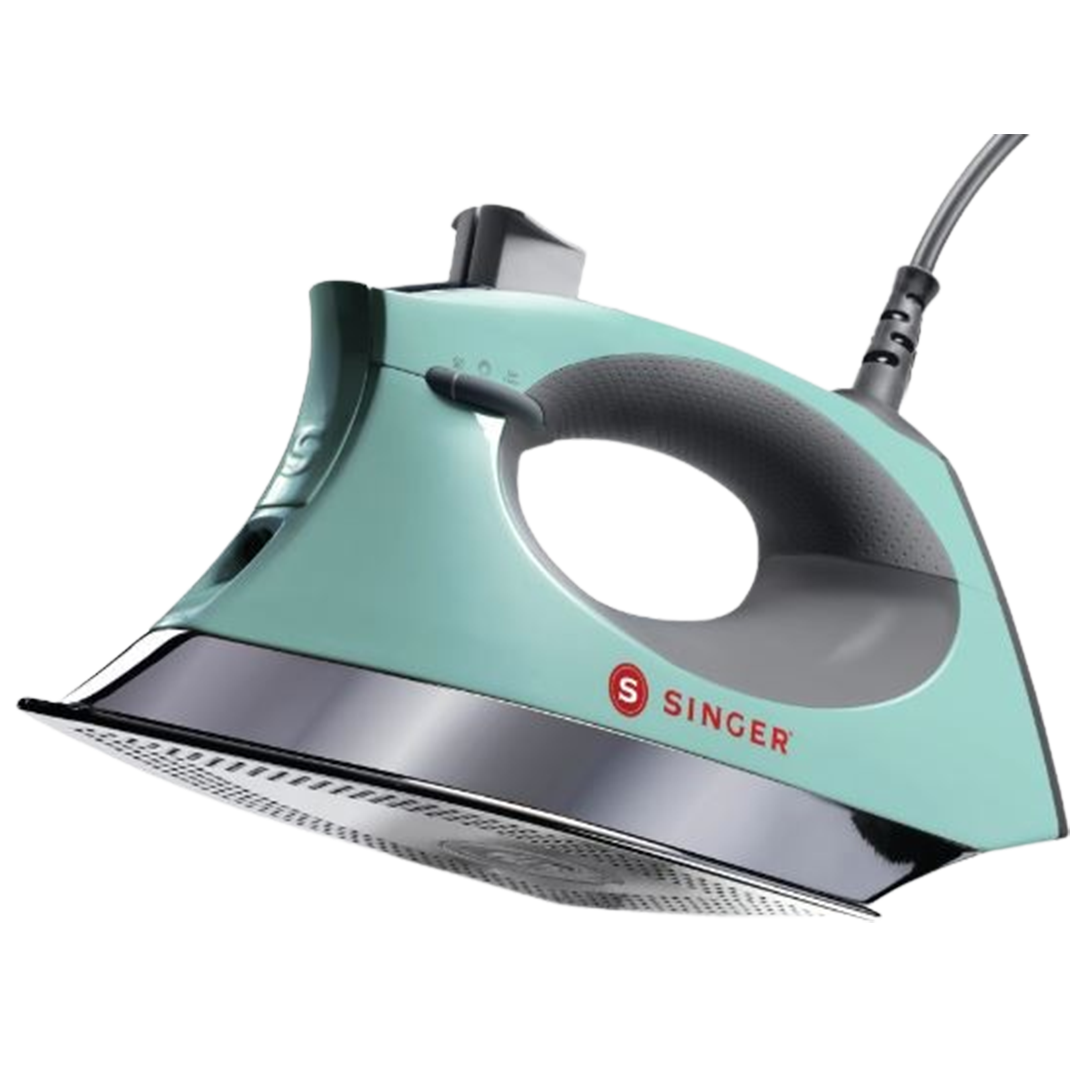 Angled view of the SINGER Mint SteamCraft Plus Iron, highlighting its ergonomic design and suitability as a top choice for the best steam irons for quilting.