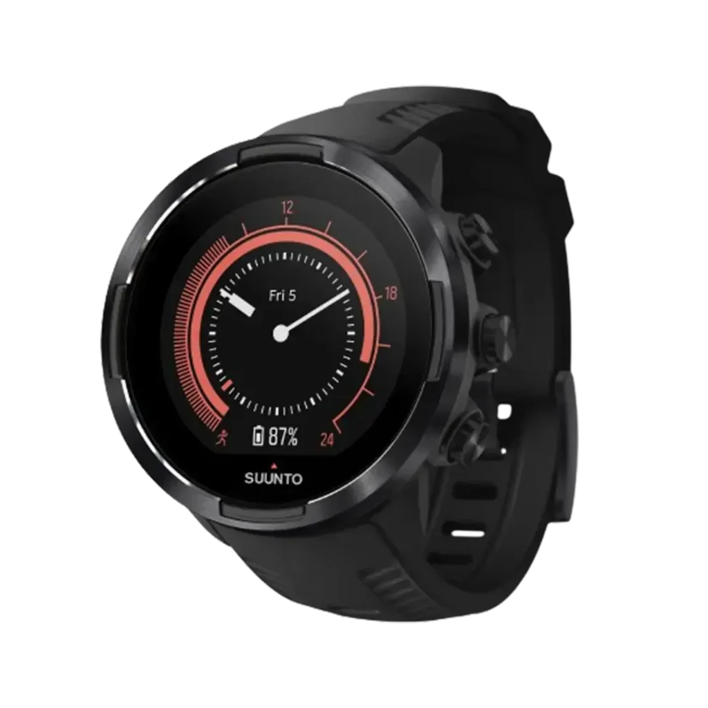 The Suunto 9 Baro GPS watch, ideal for trail running, boasts a bold black design with a distinctive red-accented display highlighting its advanced features.