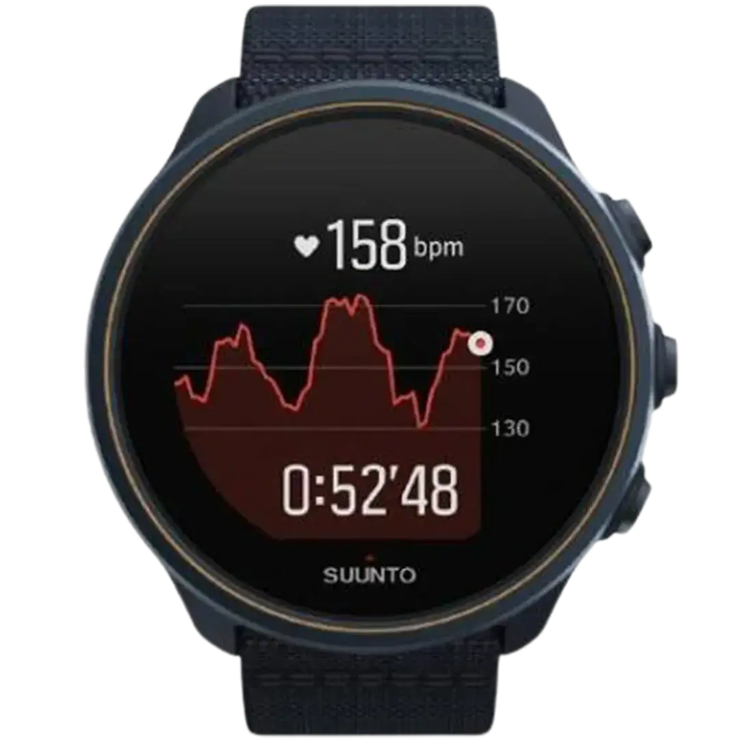 Track your heart rate and training progress on trails with the Suunto 9 Baro, the best GPS watch for trail running, featuring a crisp, informative heart rate graph.
