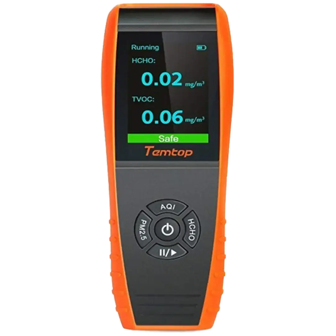 Handheld Temtop LKC-1000S monitor displaying detailed metrics for precise air quality monitoring in homes and workplaces, including mold levels.