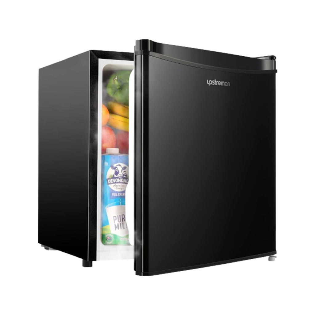 The Upstreman Mini Fridge BR321 in black, showcasing a best-in-class freezerless design that blends seamlessly into any contemporary decor.