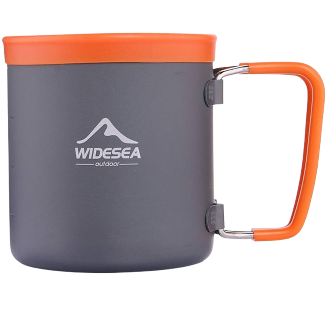 Best backpacking coffee maker for those who prefer a percolator, the Widesea Camping Coffee Pot with an orange grip handle.