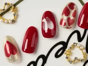A range of nail designs showcasing the versatility of printing photos on nails, from classic red to sparkling gold accents, aligned with elegant jewelry on a stylish background.