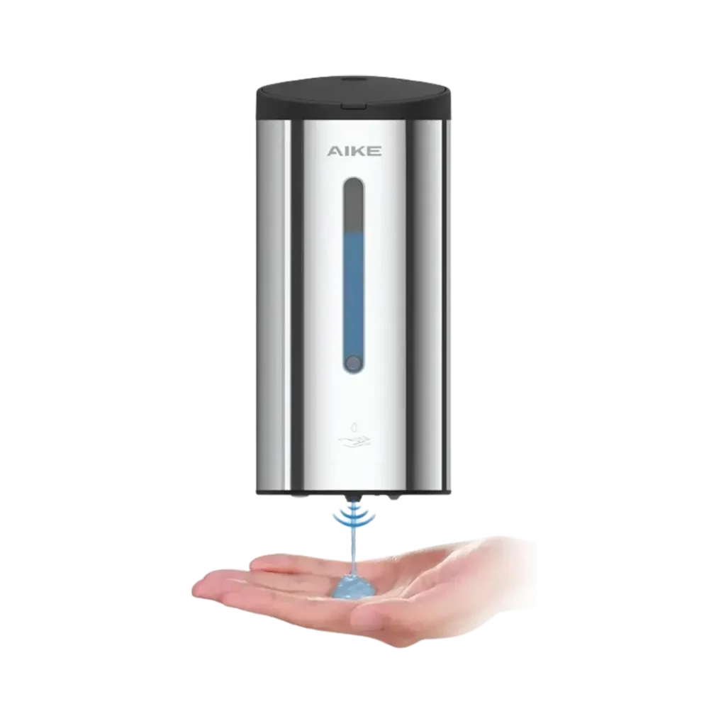AIKE, the best-rated automatic soap dispenser, dispensing soap into open hands, showcasing its touchless operation.