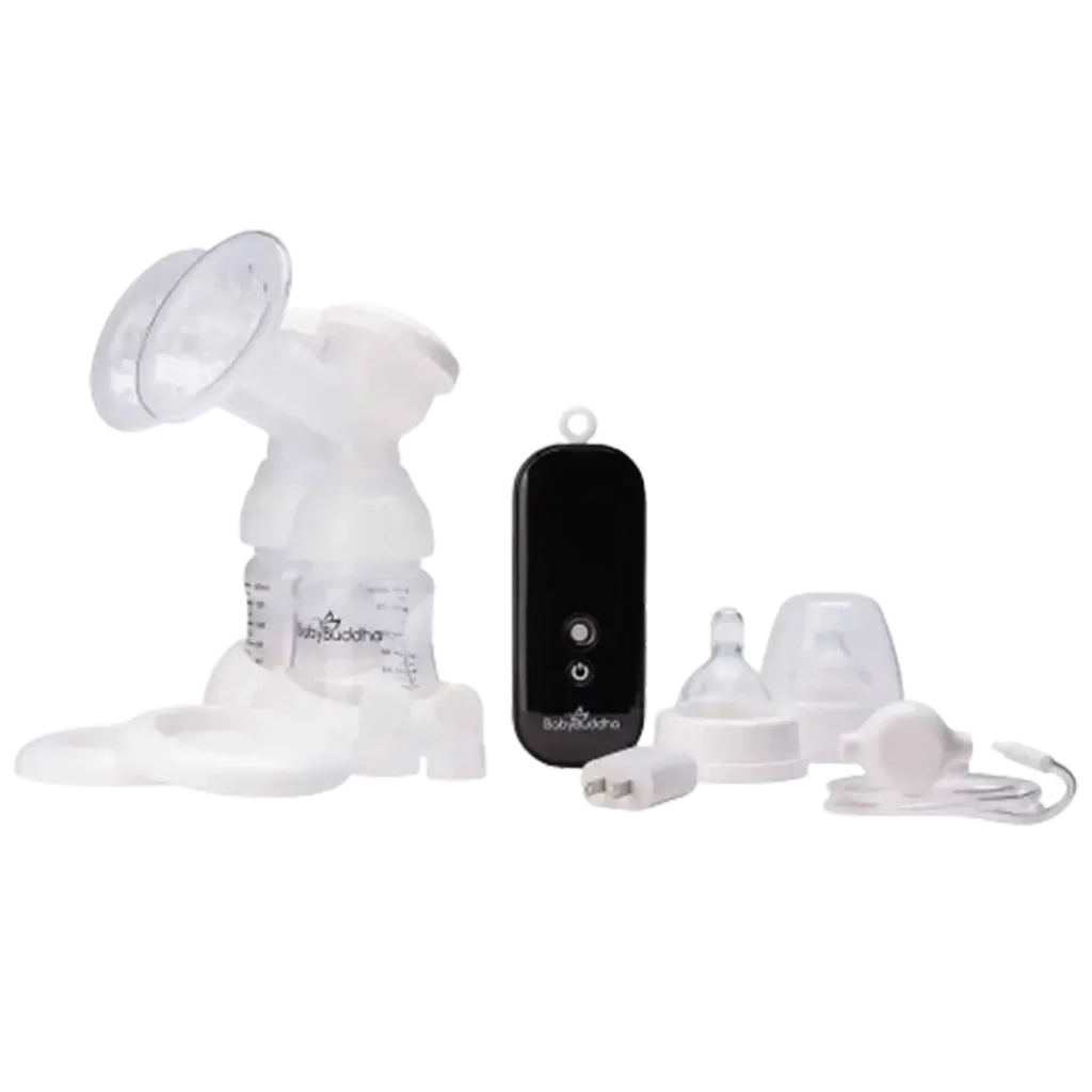The Baby Buddha portable breast pump displayed here is compact, efficient, and a contender for the best affordable wearable breast pump on the market.