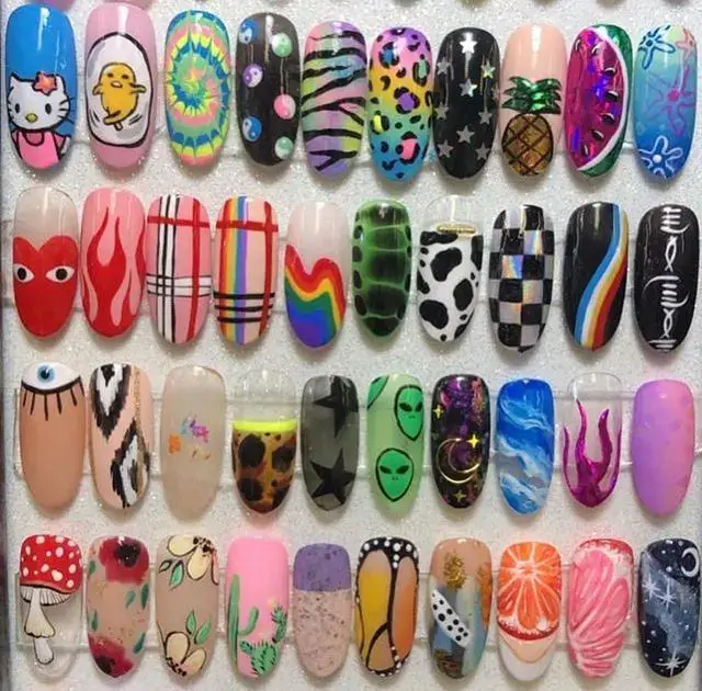 A collection of nail art designs showcasing a variety of patterns and colors, perfect for customization with a nail art design printer.