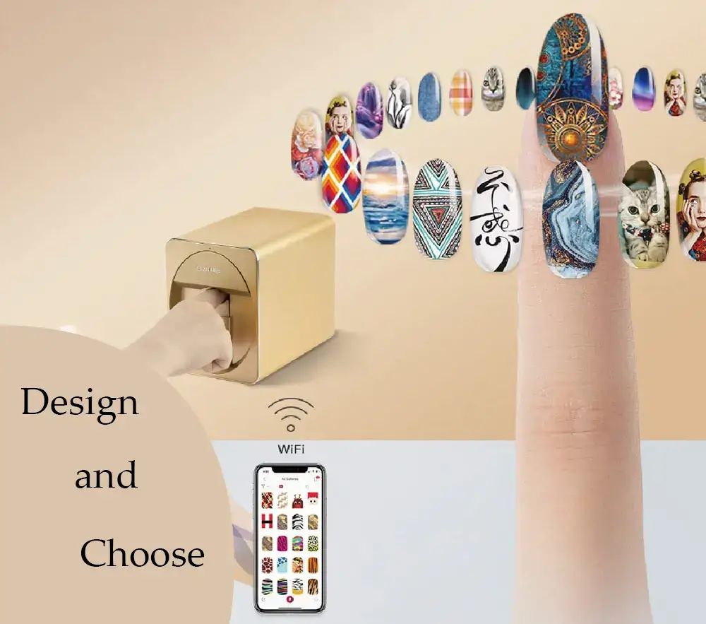 A finger placed into a digital nail art printer with various pattern options floating above, demonstrating the working mechanism of digital nail art printers where users can design and choose from a multitude of designs.