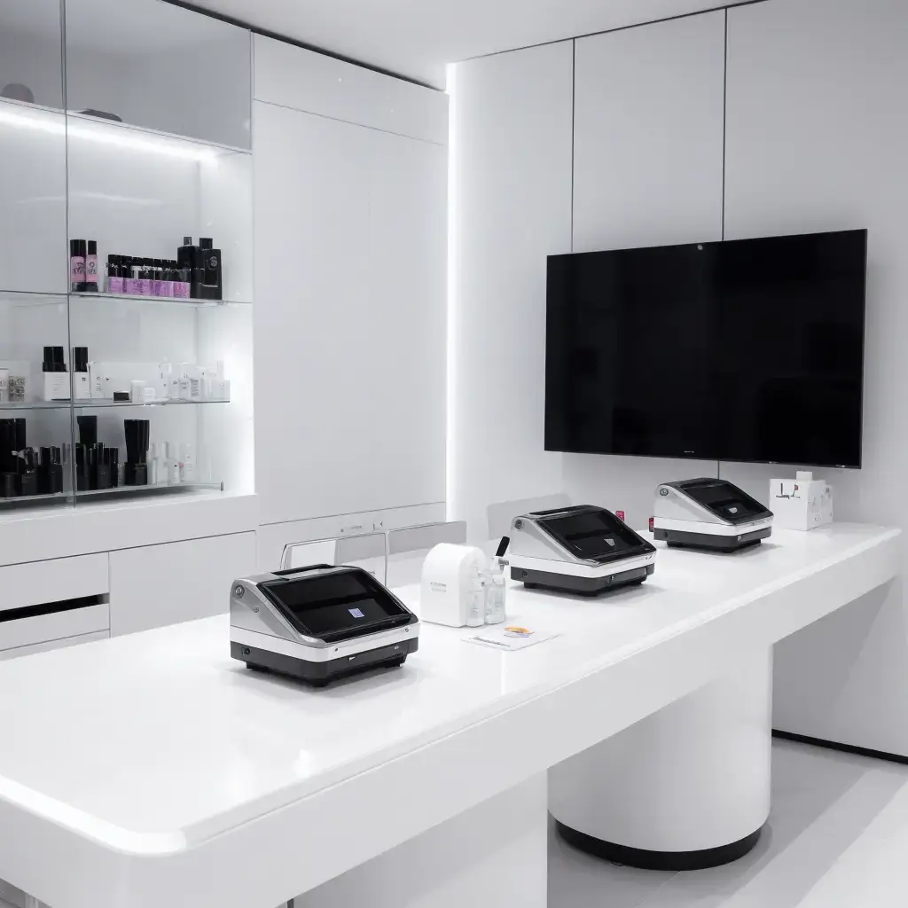 Photo showing an interior of a modern beauty salon with three nail art printers on a white countertop. The room features minimalist white cabinetry with various cosmetic products, a flat-screen TV mounted on the wall, and a vertical light strip on the left side.