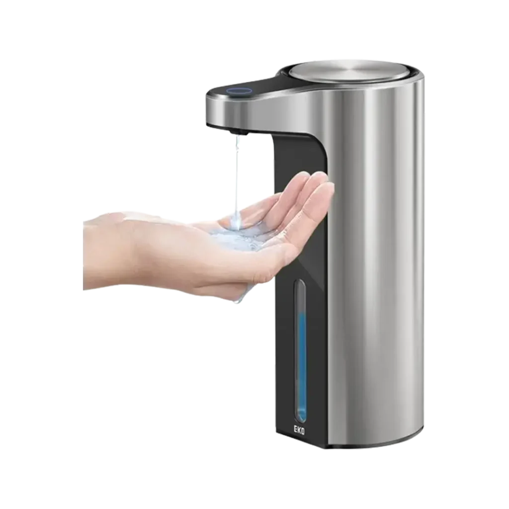 Hands receiving soap from the EKO Aroma, a best-rated automatic soap dispenser with a transparent reservoir.