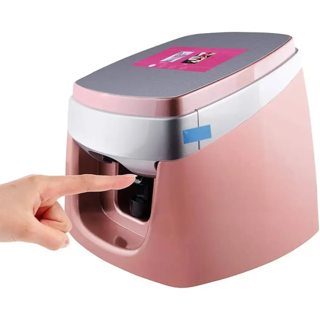 Close-up of a user interacting with a sleek rose gold nail art design printer, highlighting the simplicity of choosing digital nail art designs with just a touch.