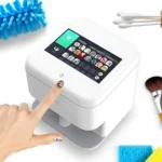 A close-up highlights a digital nail art printer with a touchscreen interface, illustrating the process of selecting designs. The image provides a visual guide on how to keep such advanced beauty technology in pristine condition.