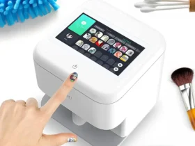 A close-up highlights a digital nail art printer with a touchscreen interface, illustrating the process of selecting designs. The image provides a visual guide on how to keep such advanced beauty technology in pristine condition.