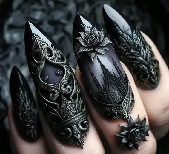 A hand flaunting elaborate black 3D nail art with gothic architectural and floral designs, illustrating the advanced capabilities of printing photos on nails for a dramatic effect.