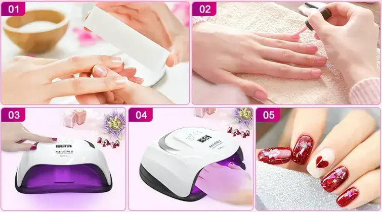 Collage showcasing the steps for creating nail art, including preparation, painting, and setting designs with a UV nail dryer for durable, salon-like finish.