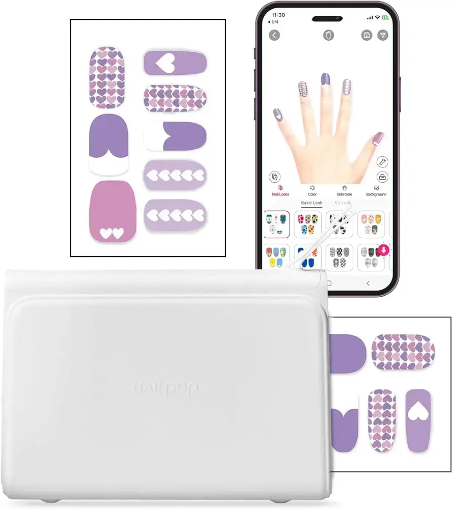 An illustration of a smartphone application interface for selecting nail designs, next to a nail art design printer, emphasizing the ease of maintaining and using the technology for lasting nail art.