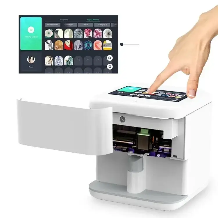 A cutting-edge nail art design printer with a user interface touchscreen, highlighting the technology's ease of printing photos on nails for personalized manicures.