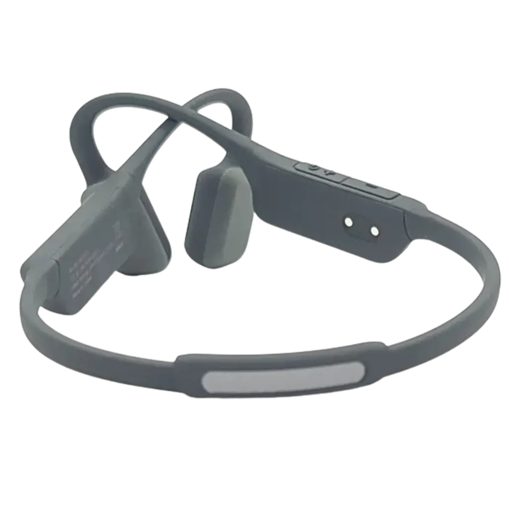 Mojawa Mojo1 Bone Conduction Headphones with sleek design, featuring a microphone for clear calls, providing an advanced wireless listening experience without blocking out the world.