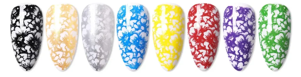 A selection of nail art prints in various colors demonstrates the versatility and vibrant results possible when selecting high-quality ink for your nail art design printer.