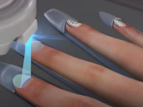 The detailed view of a nail art printer at work, focusing on three fingers adorned with varying designs, illustrates both the artistry possible and the limitations of nail art printers. It emphasizes the meticulous detail these printers can achieve while also pointing out the challenges in rendering textures and shades with the same nuance as traditional nail art techniques.