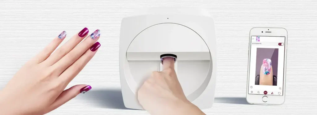 A person's hand being inserted into a sleek white nail art printer, demonstrating the ease with which one can achieve intricate nail designs using the future of nail art printers, bridging the gap between amateur and pro nail artistry.