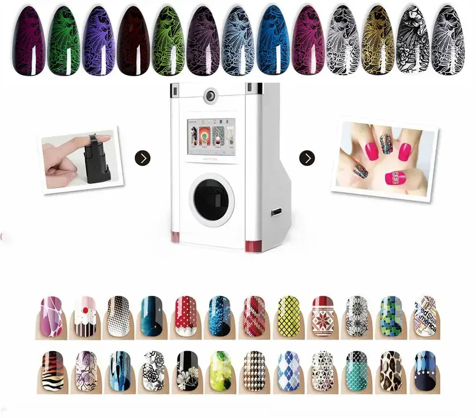 An assortment of nail art possibilities created by a design printer, displaying an array of patterns and colors, demonstrating the innovation in printing photos on nails.
