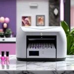 Close-up of a nail art printer on a marble countertop. The device has a sleek, curved design with a digital display showing the operational status. In the foreground, two bottles of pink nail polish sit on the counter, with a purple-themed salon decor visible in the background.