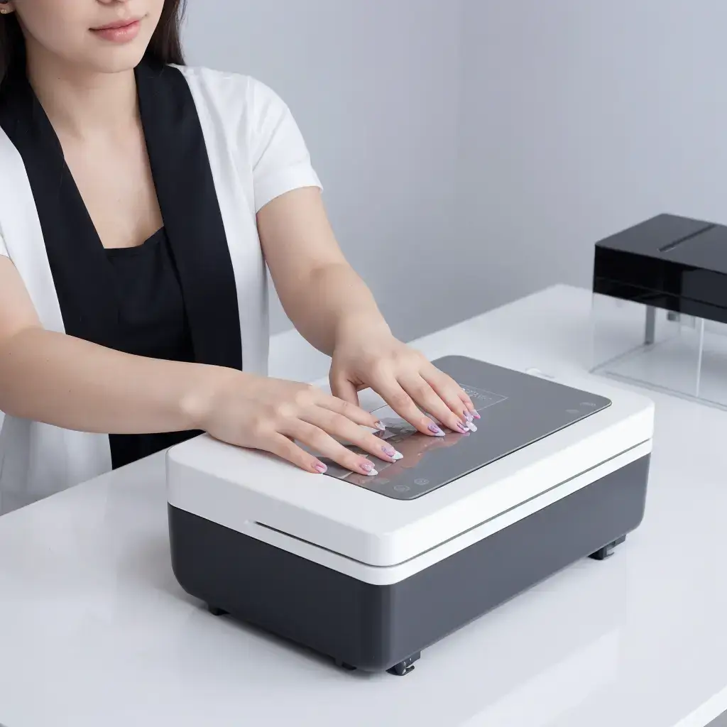 Photo depicting a woman using a nail art printer. She is placing her fingers on the device's scanning area, which features a touchscreen interface. The printer is on a white table, and the woman is dressed in a black top with a white overcoat, indicating a professional setting.