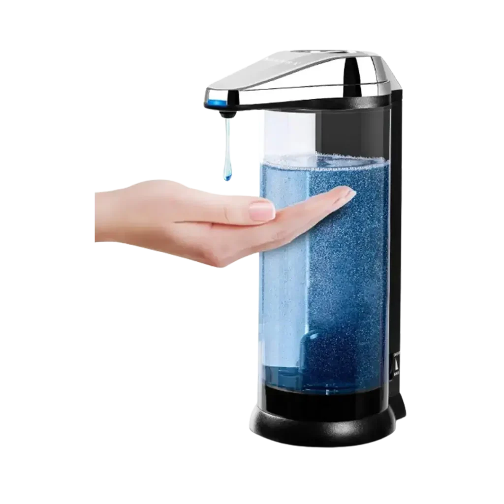 A hand activating the Secura, a top-rated automatic soap dispenser, with a sleek and user-friendly design.