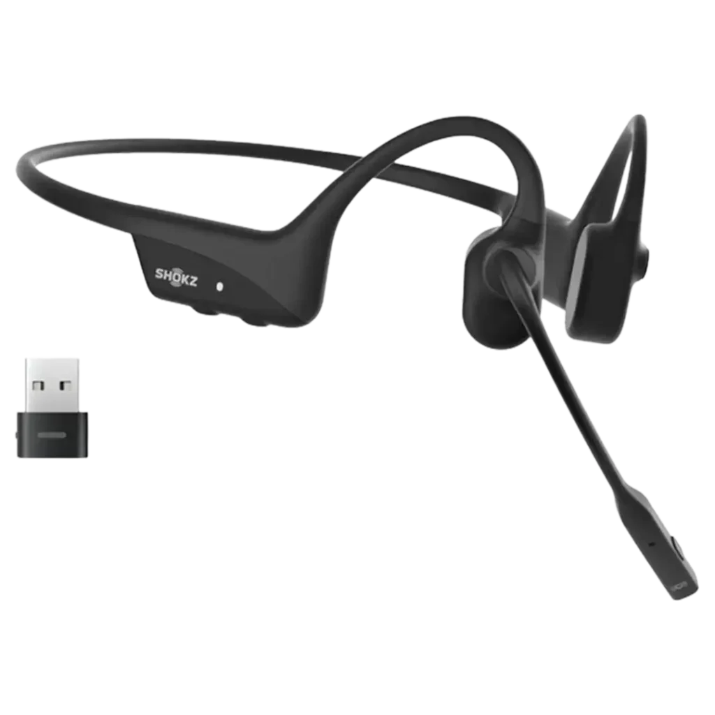 Shokz OpenComm UC Bone Conduction Headphones designed for efficient communication, with a noise-canceling microphone, perfect for professionals requiring crystal-clear calls.