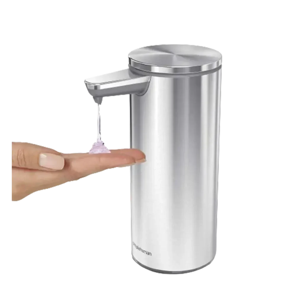 Showcasing the Simplehuman automatic soap dispenser, one of the best-rated, dispensing soap effortlessly.